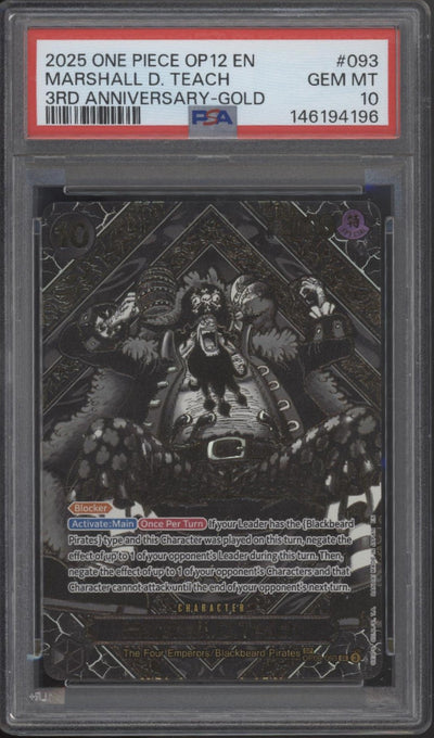 Marshall D Teach One Piece Card Game OP12 3rd Anniversary Gold #093 PSA 10