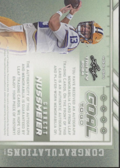 Garrett Nussmeier 2024 Leaf Trinity Goal To Go Swatch Auto 1/1 #4GG-GN1