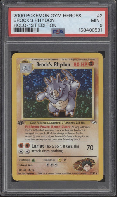 Brock's Rhydon Pokemon Gym Heroes Holo 1st Edition #2 PSA 9