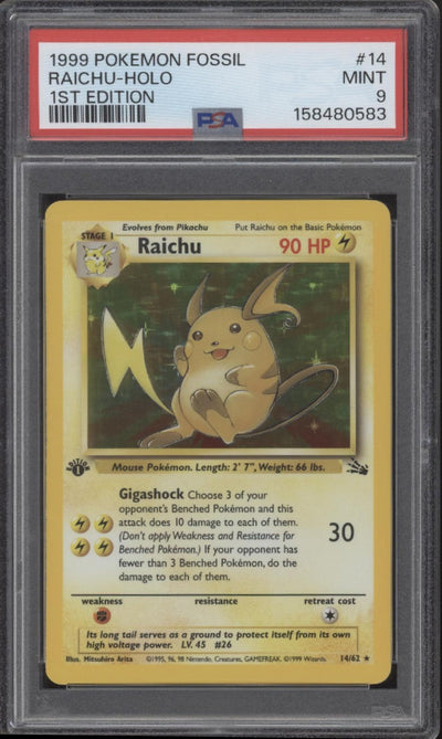 Raichu Pokemon Fossil Holo 1st Edition #14 PSA 9