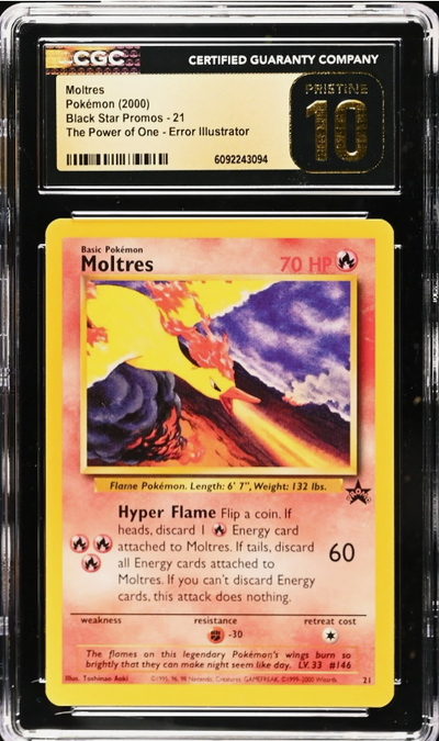 Pokemon: The Movie Legendary Birds Promo - Moltres #21 - The Power of One - Error Illustrator - WOTC Black Star PROMO Pokemon Card (CGC Graded 10 PRISTINE)