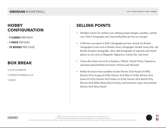 2022-23 Panini Obsidian Basketball Hobby 12 Box Case