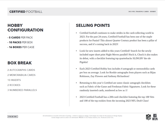 2023 Panini Certified Football Hobby 16 Box Case