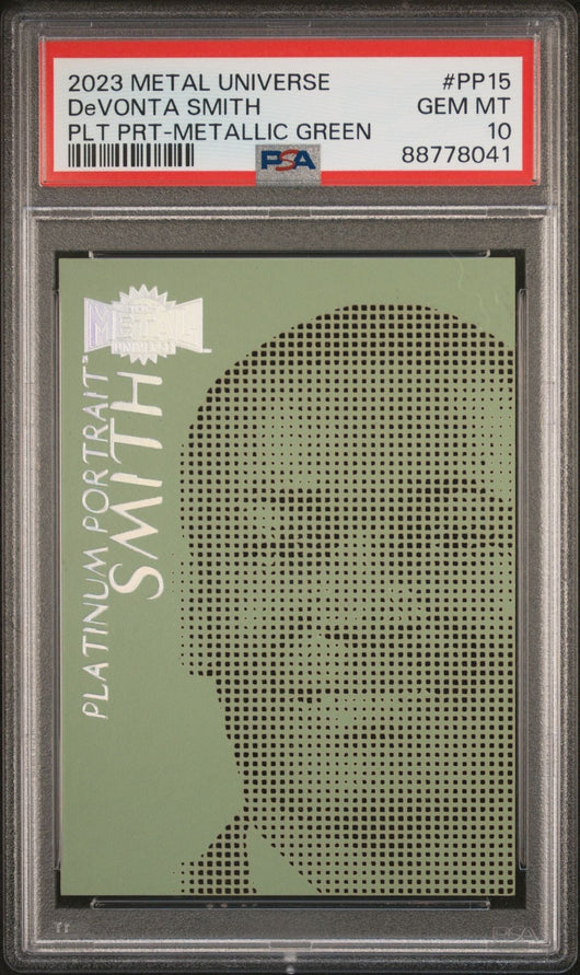 DeVonta Smith 2023 Skybox Metal Universe Platinum Portraits Metallic Green PSA 10